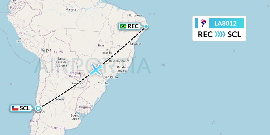 LA8012 LAN Airlines Flight Map: Recife to Santiago