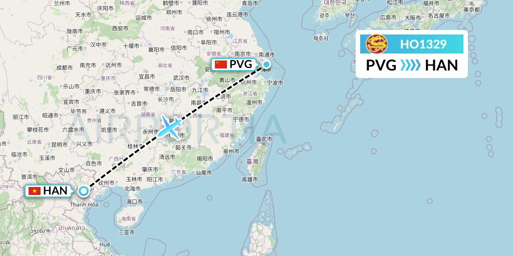 HO1329 Juneyao Airlines Flight Map: Shanghai to Hanoi