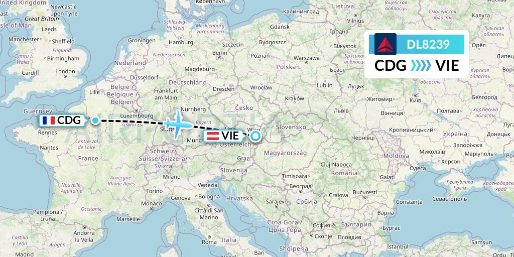 DL8239 Delta Air Lines Flight Map: Paris to Vienna