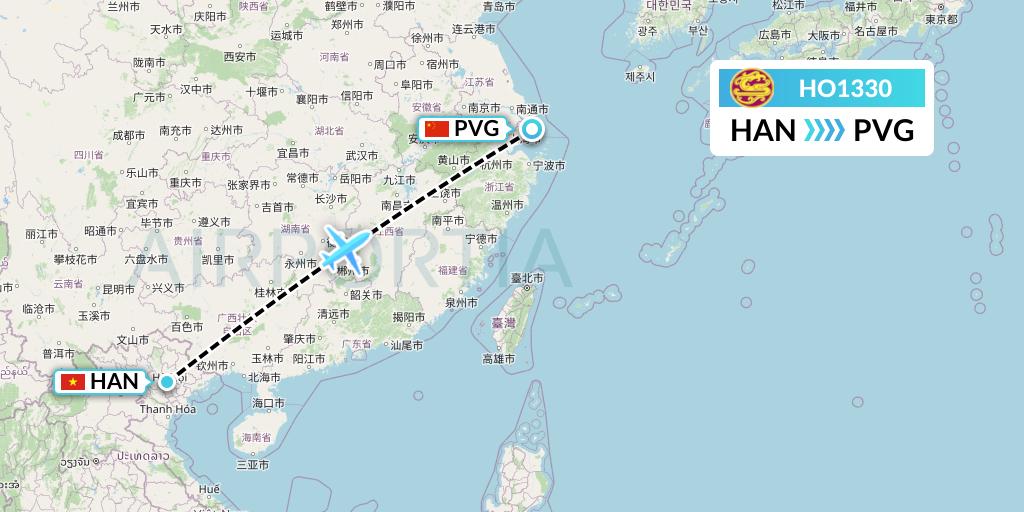 HO1330 Juneyao Airlines Flight Map: Hanoi to Shanghai