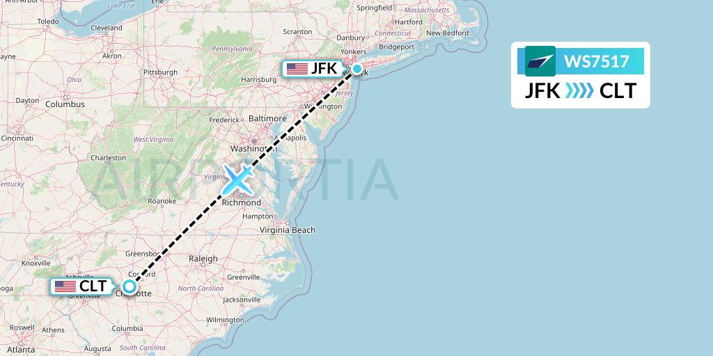 WS7517 WestJet Flight Map: New York to Charlotte