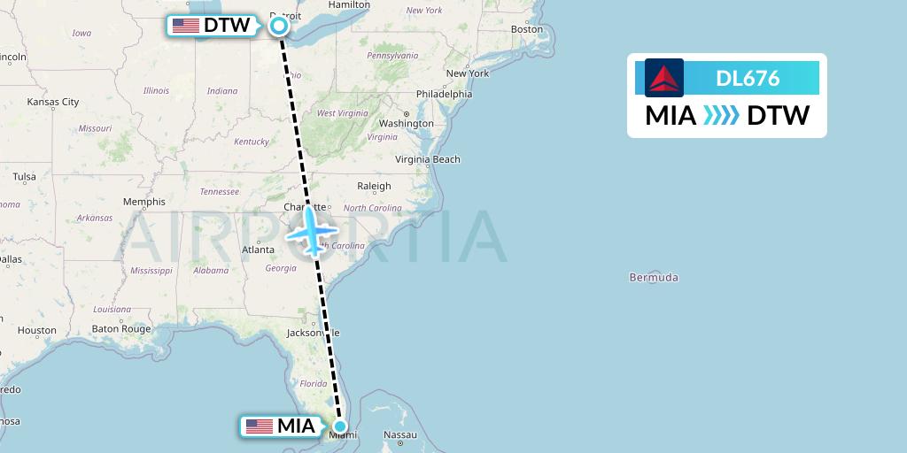 DL676 Delta Air Lines Flight Map: Miami to Detroit