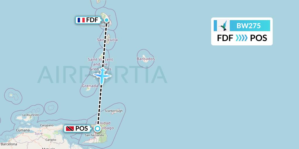 BW275 Caribbean Airlines Flight Map: Fort-de-France to Port of Spain