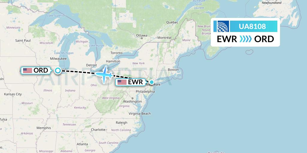 UA8108 United Airlines Flight Map: New York to Chicago
