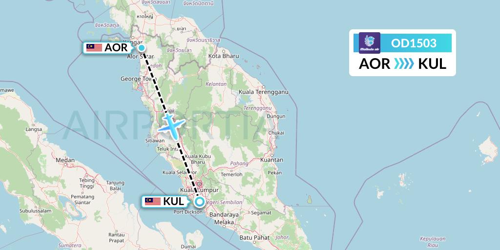 OD1503 Batik Air Malaysia Flight Map: Alor Setar to Kuala Lumpur