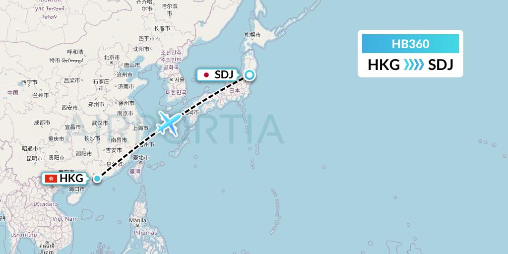HB360 Greater Bay Airlines Flight Map: Hong Kong to Sendai
