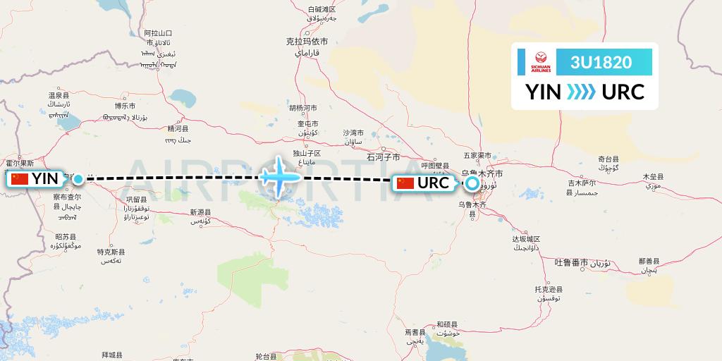 3U1820 Sichuan Airlines Flight Map: Yining to Urumqi