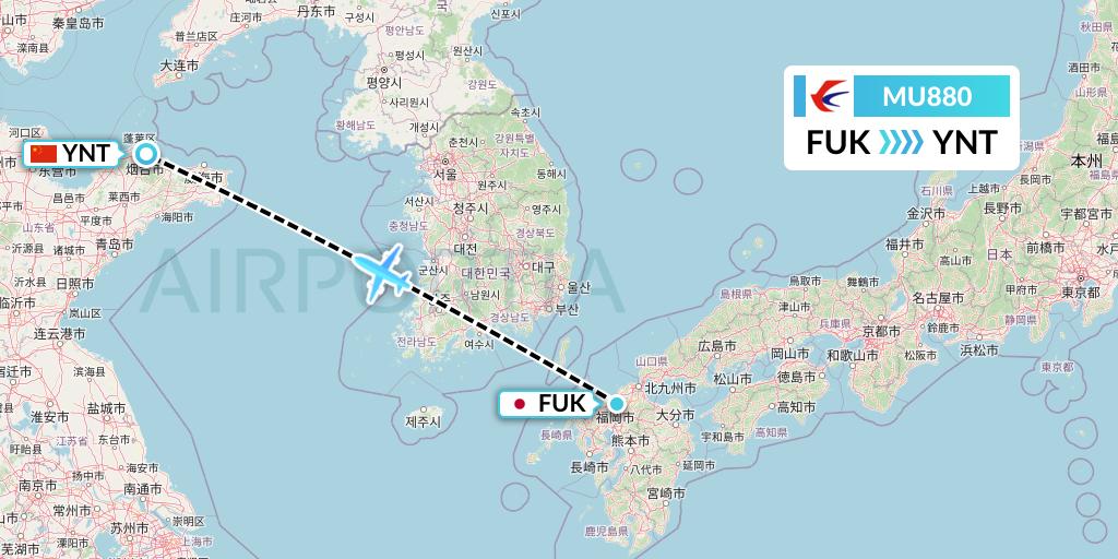 MU880 China Eastern Airlines Flight Map: Fukuoka to Yantai