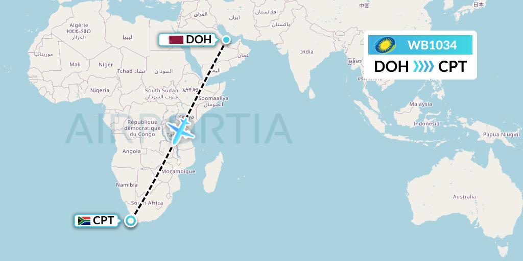 WB1034 RwandAir Flight Map: Doha to Cape Town