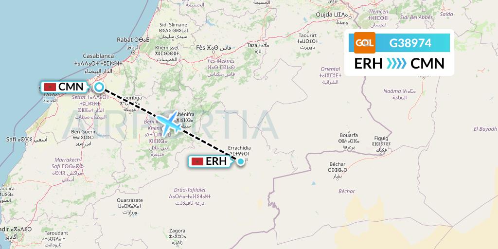 G38974 GOL Transportes Aeros Flight Map: Errachidia to Casablanca