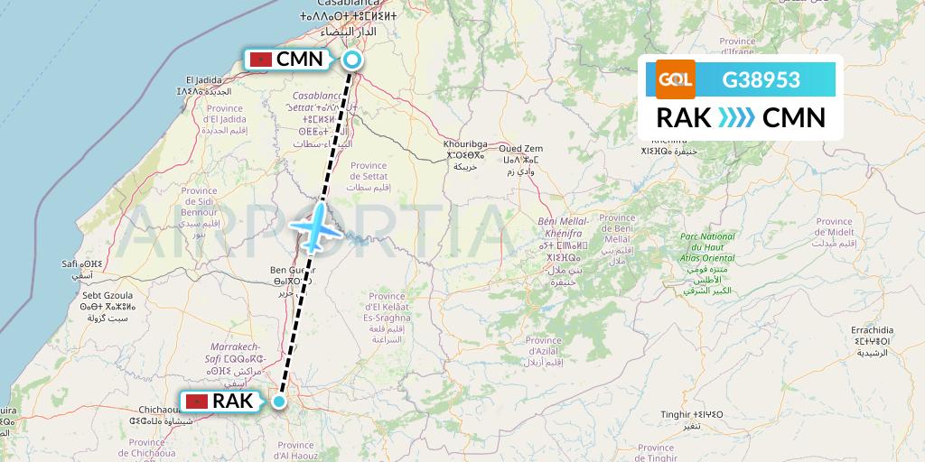G38953 GOL Transportes Aeros Flight Map: Marrakesh to Casablanca