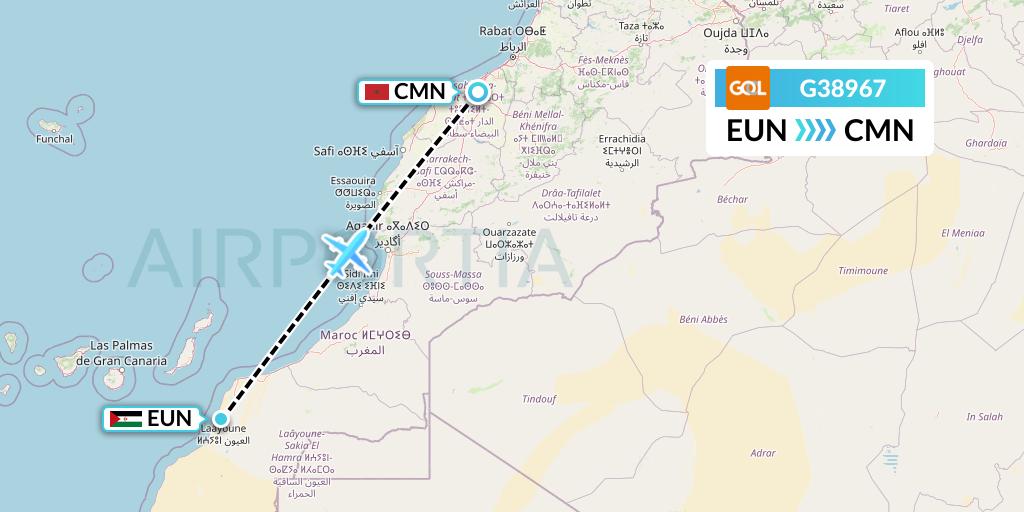 G38967 GOL Transportes Aeros Flight Map: El Aaiun to Casablanca