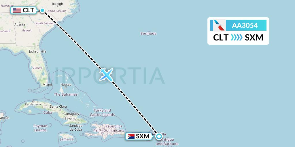 AA3054 American Airlines Flight Map: Charlotte to Sint Maarten