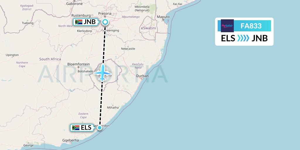 FA833 Safair Flight Map: East London to Johannesburg