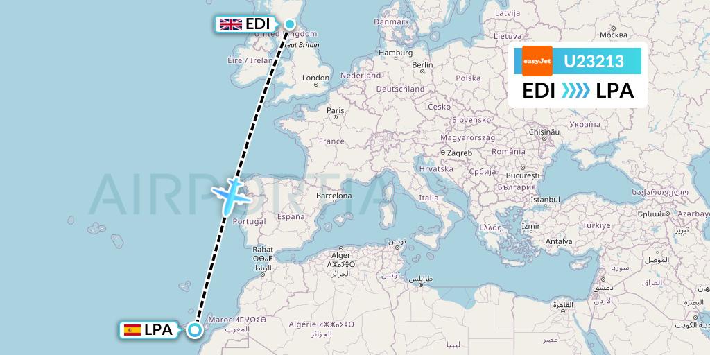 U23213 EasyJet Flight Map: Edinburgh to Las Palmas