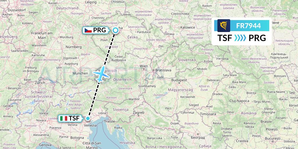 FR7944 Ryanair Flight Map: Treviso to Prague