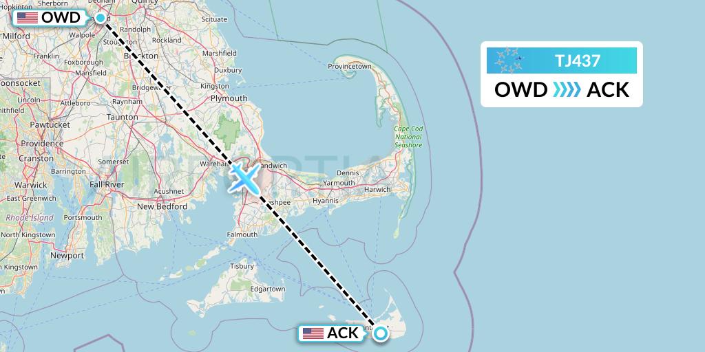 TJ437 Tradewind Aviation Flight Map: Norwood to Nantucket
