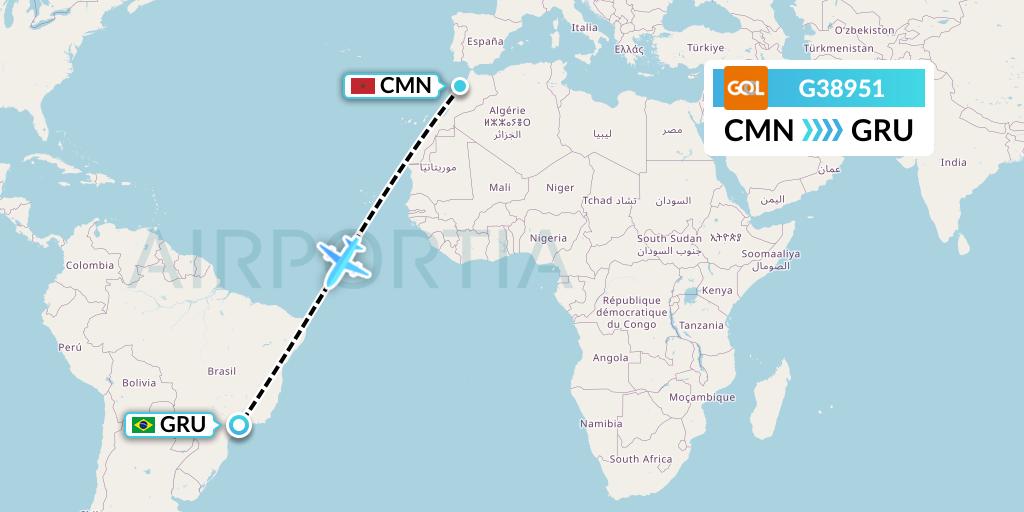 G38951 GOL Transportes Aeros Flight Map: Casablanca to Sao Paulo