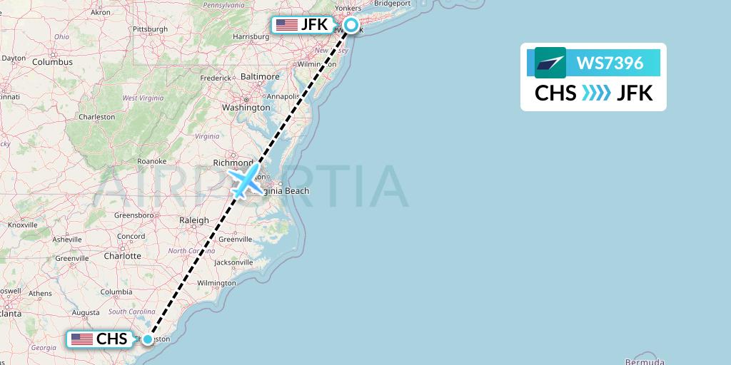 WS7396 WestJet Flight Map: Charleston to New York