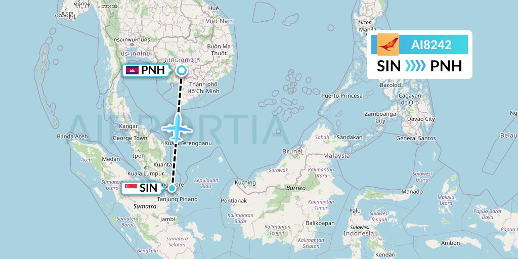 AI8242 Air India Flight Map: Singapore to Phnom Penh