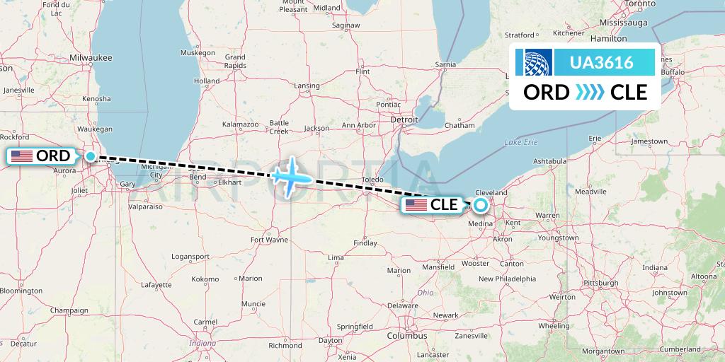 UA3616 United Airlines Flight Map: Chicago to Cleveland