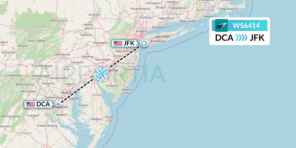 WS6414 WestJet Flight Map: Washington to New York