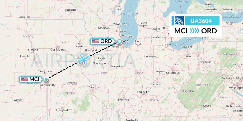 UA3604 United Airlines Flight Map: Kansas City to Chicago
