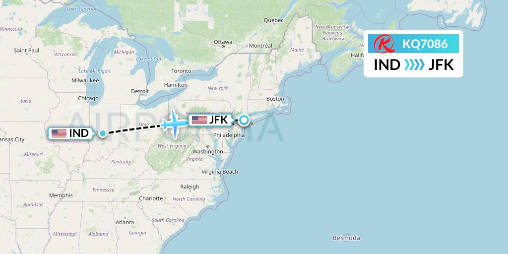 KQ7086 Kenya Airways Flight Map: Indianapolis to New York