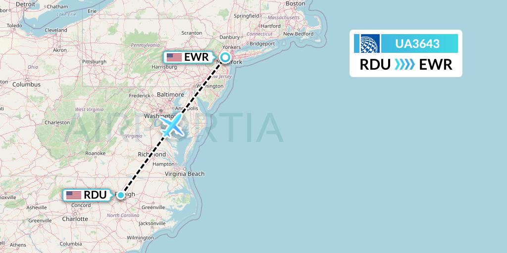 UA3643 United Airlines Flight Map: Raleigh-Durham to New York