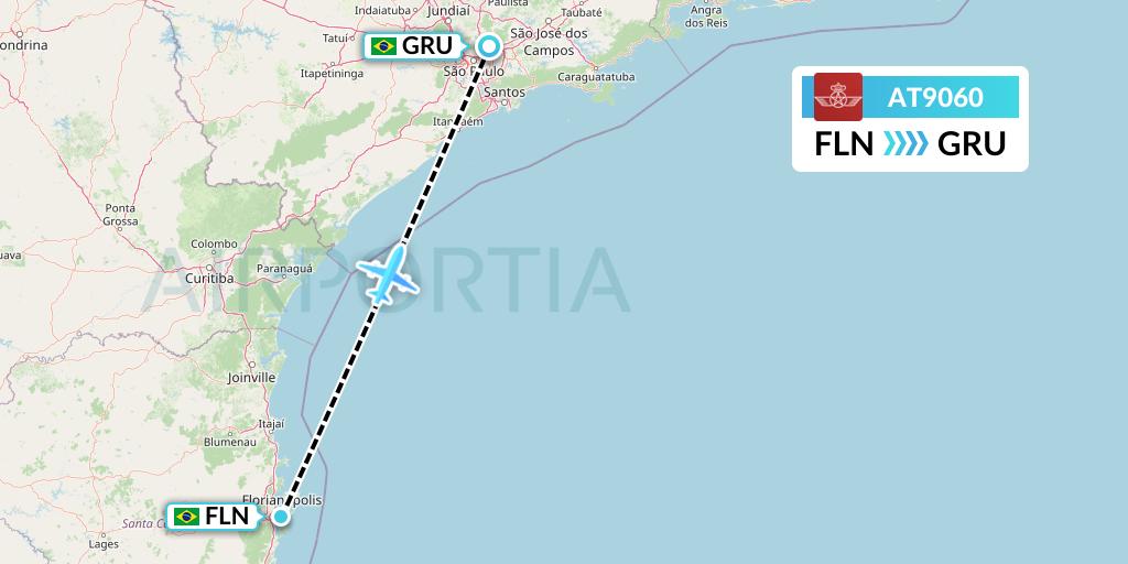 AT9060 Royal Air Maroc Flight Map: Florianopolis to Sao Paulo