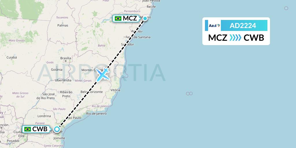 AD2224 Azul Brazilian Airlines Flight Map: Maceio to Curitiba