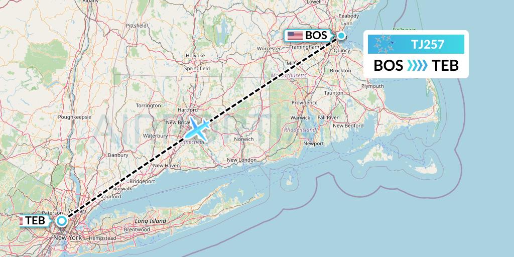 TJ257 Tradewind Aviation Flight Map: Boston to Teterboro