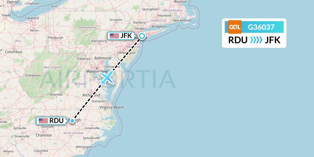 G36037 GOL Transportes Aeros Flight Map: Raleigh-Durham to New York