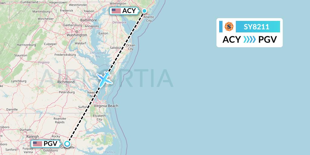 SY8211 Sun Country Airlines Flight Map: Atlantic City to Greenville