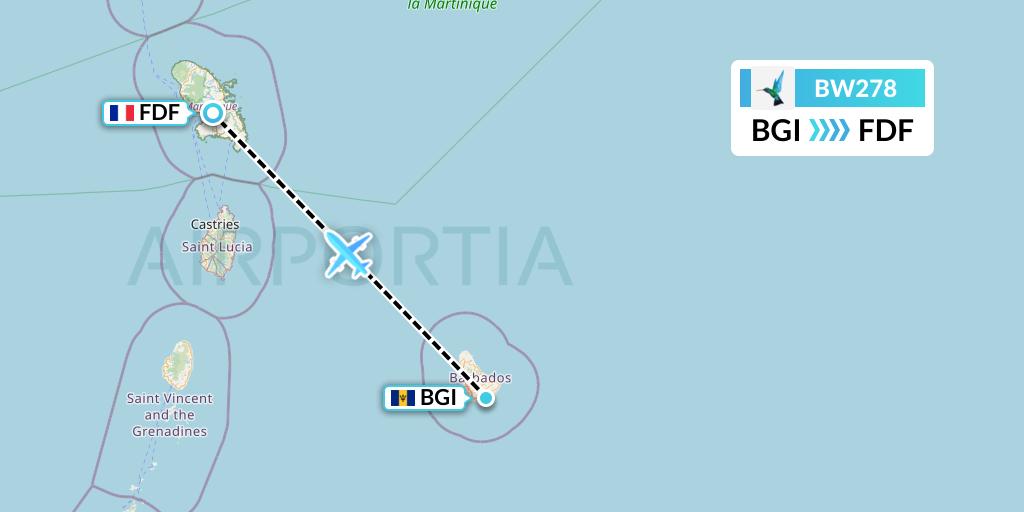 BW278 Caribbean Airlines Flight Map: Bridgetown to Fort-de-France