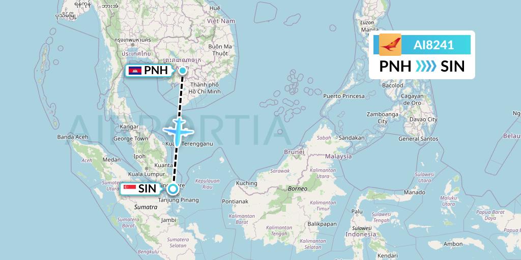 AI8241 Air India Flight Map: Phnom Penh to Singapore