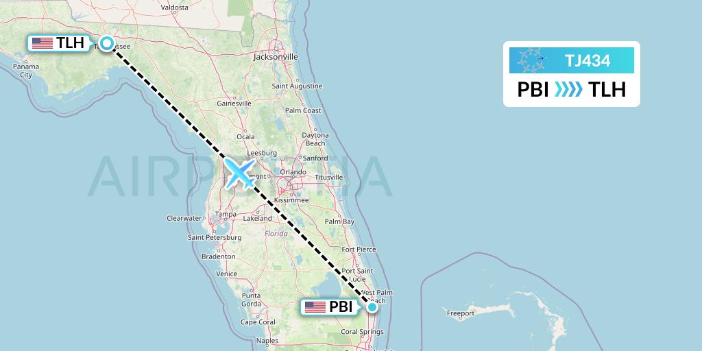 TJ434 Tradewind Aviation Flight Map: West Palm Beach to Tallahassee