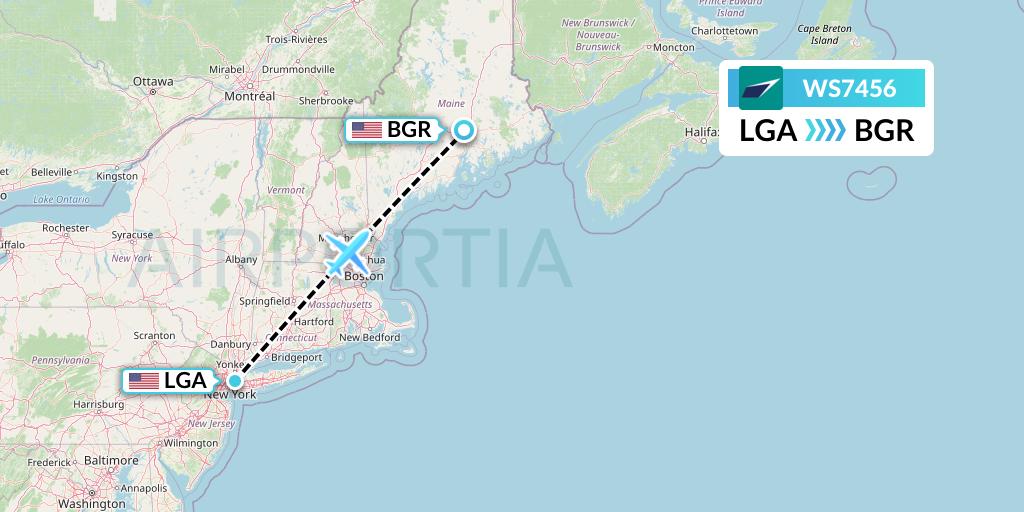 WS7456 WestJet Flight Map: New York to Bangor