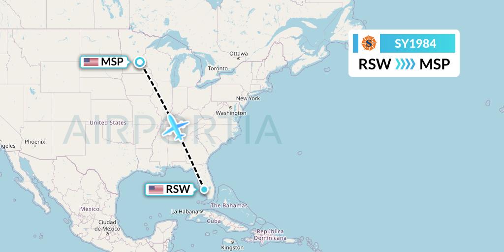 SY1984 Sun Country Airlines Flight Map: Fort Myers to Minneapolis