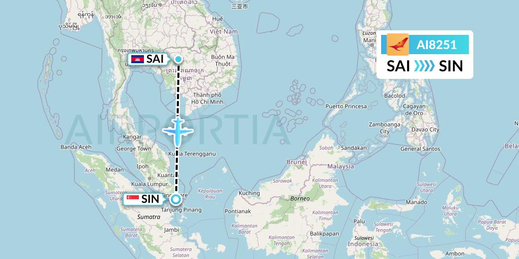 AI8251 Air India Flight Map: Siem Reap to Singapore