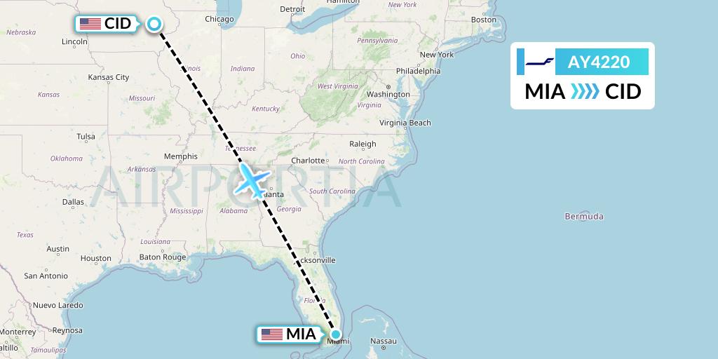 AY4220 Finnair Flight Map: Miami to Cedar Rapids