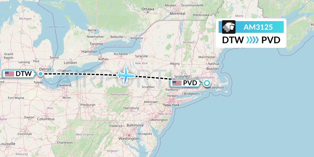 AM3125 Aeromexico Flight Map: Detroit to Providence