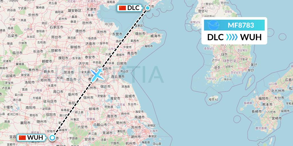 MF8783 Xiamen Airlines Flight Map: Dalian to Wuhan