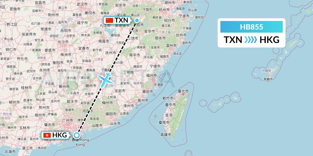 HB855 Greater Bay Airlines Flight Map: Huangshan City to Hong Kong