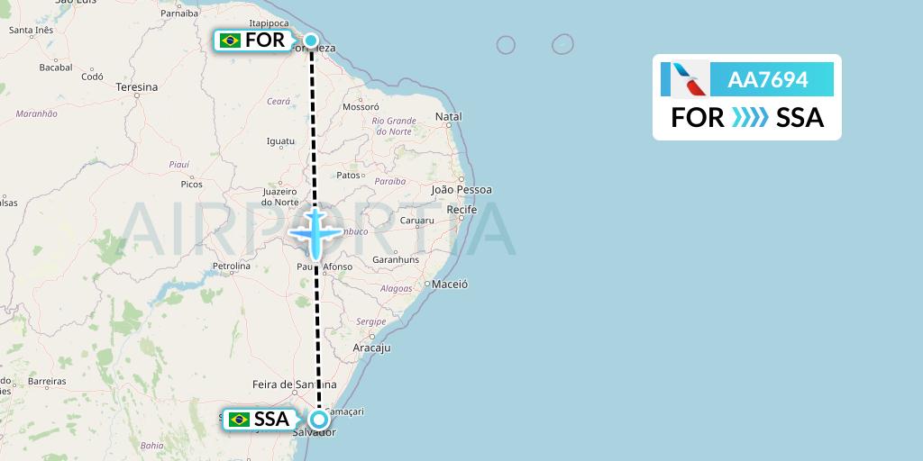 AA7694 American Airlines Flight Map: Fortaleza to Salvador