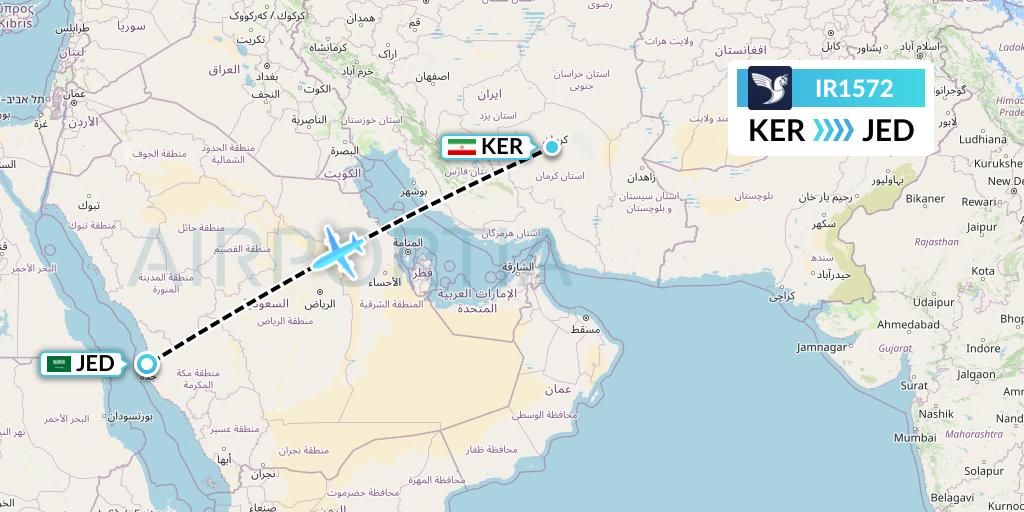 IR1572 Iran Air Flight Map: Kerman to Jeddah