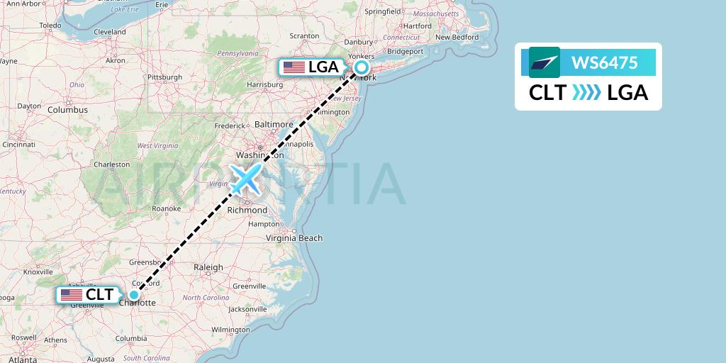 WS6475 WestJet Flight Map: Charlotte to New York