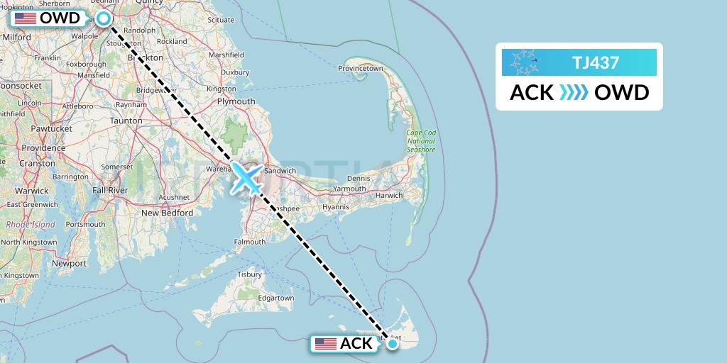 TJ437 Tradewind Aviation Flight Map: Nantucket to Norwood