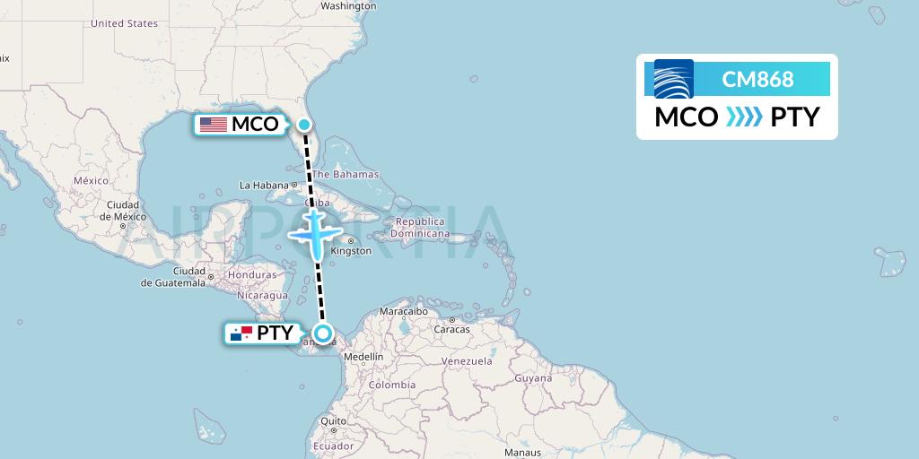CM868 Copa Airlines Flight Map: Orlando to Panama City