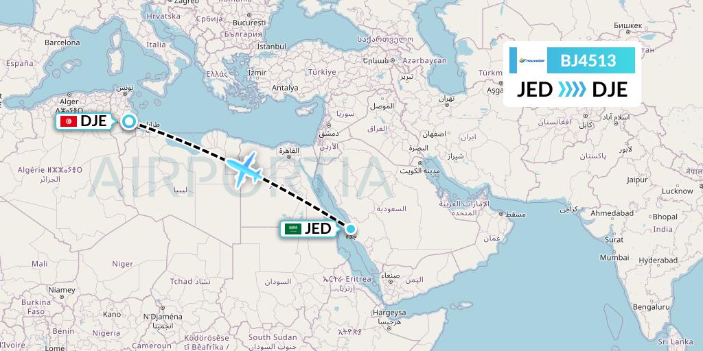 BJ4513 Nouvelair Tunisie Flight Map: Jeddah to Djerba